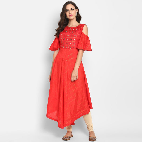 Women's Embroidered Cold Shoulder Kurta - Pannkh