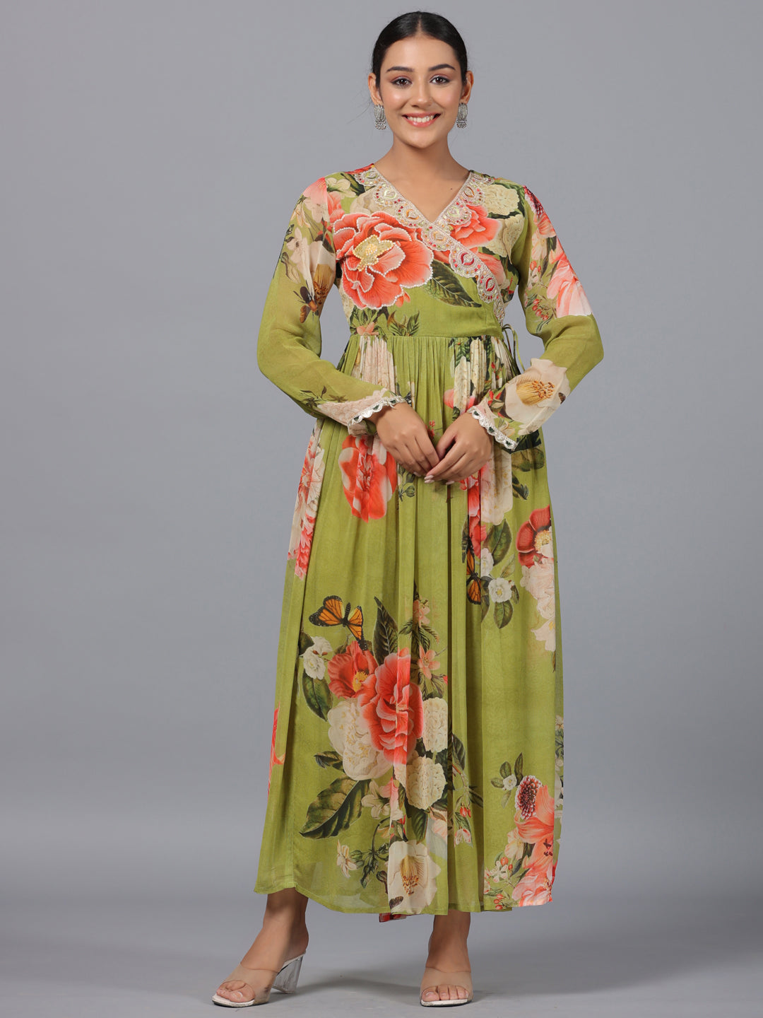 Women's Green Georgette Printed Maxi Dress - Juniper