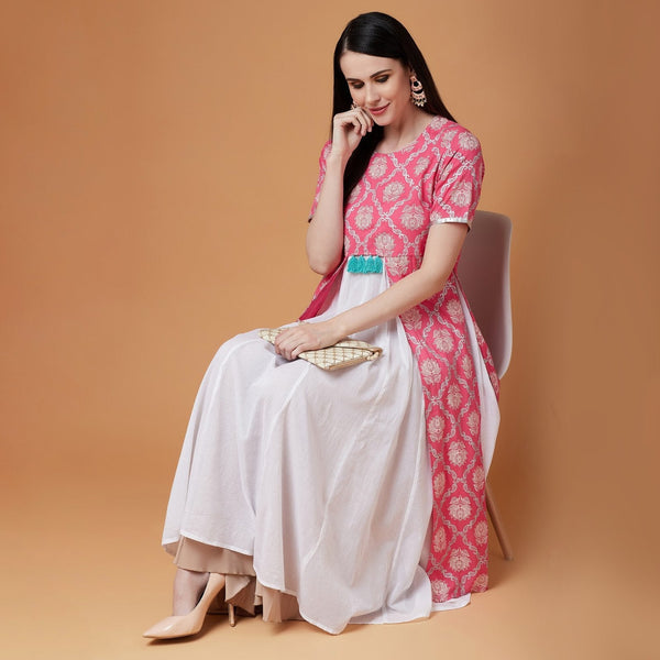 Women's Pink Lotus Inspired Front Open Printed Kurta With Tassels - Pannkh