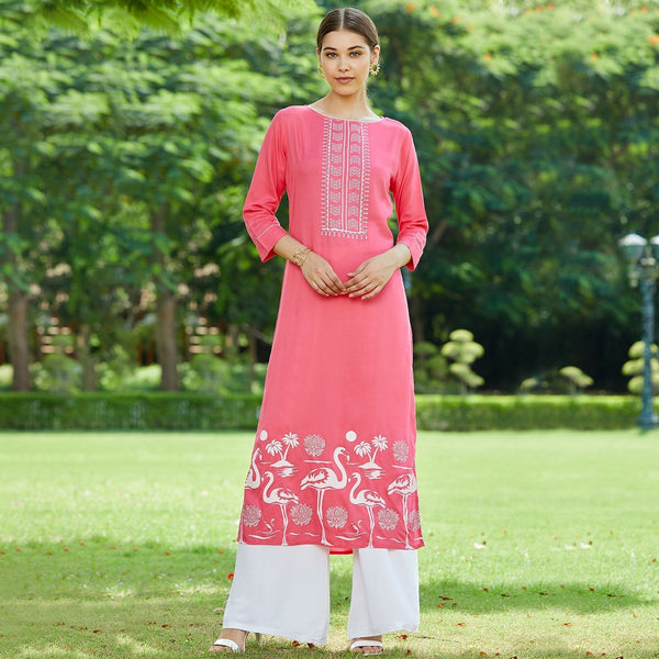 Women's Pink Lotus Inspired Swan Printed Kurta - Pannkh