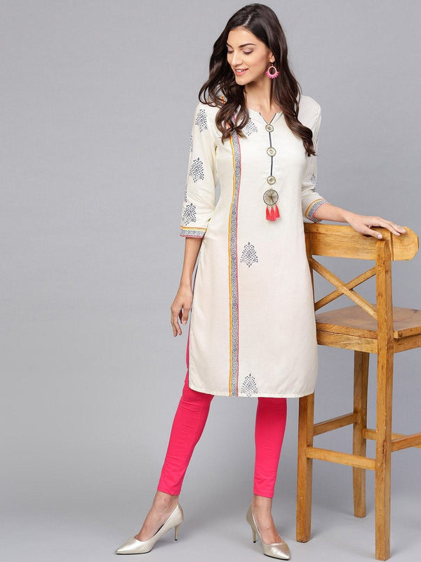 Women's Off-White Placement Printed Tasseled Kurta - Pannkh