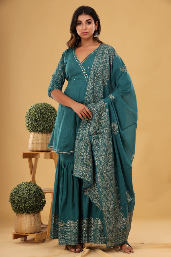 Women's Block Printed Dazzling Sharara Set - Hatheli