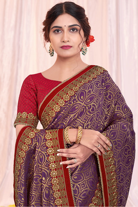 Purple Silk Embroidered Saree with Unstitched Blouse