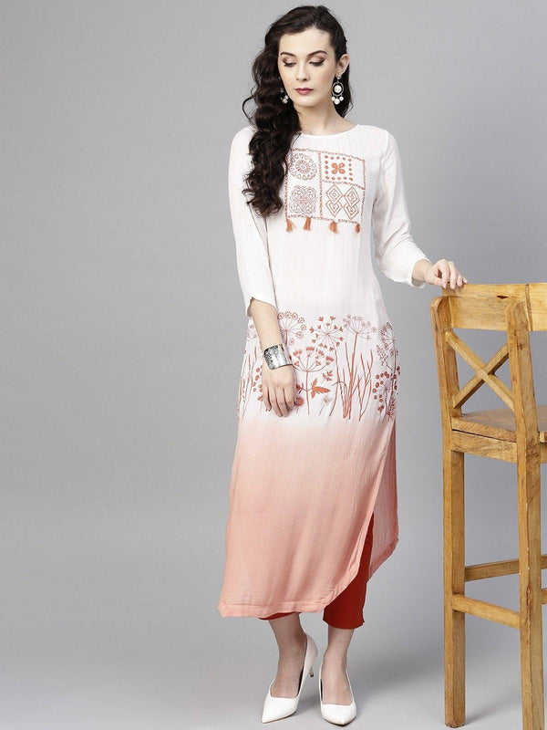 Women's Ombre Block Printed Tasseled Kurta - Pannkh