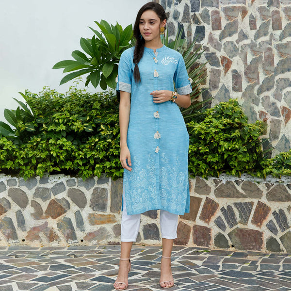 Women's Blue Front Tassel Printed Chambray Kurta - Pannkh