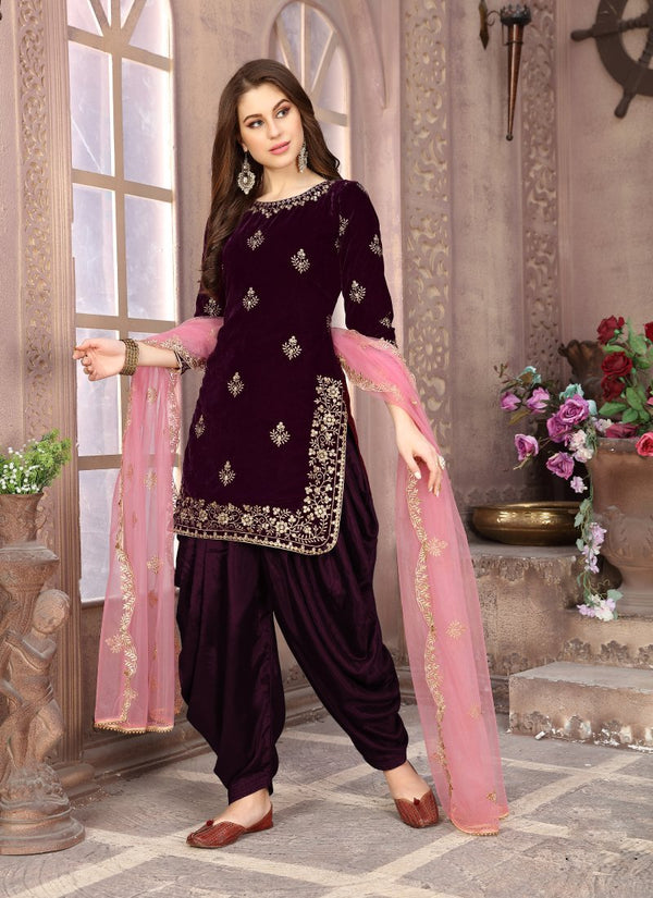 Women's Stunning Wine Color Velvet Embroidery Patiala Suit - Monjolika