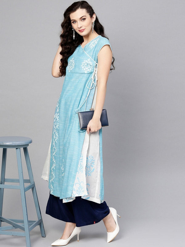 Women's Blue Angarkha Layered Printed Chambray Kurta - Pannkh