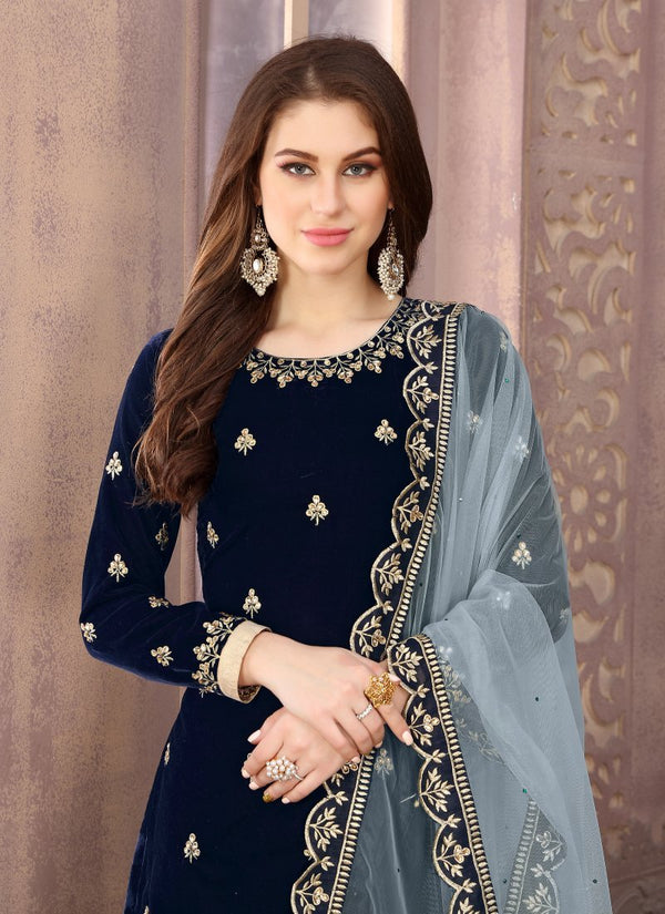 Women's Stunning Dark Blue Color Velvet Embroidery Patiala Suit - Monjolika