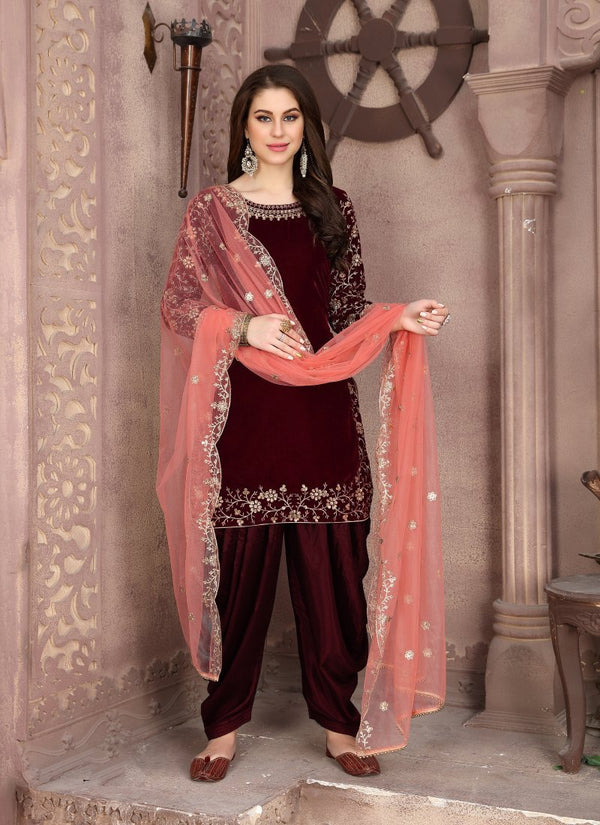 Women's Stunning Maroon Color Velvet Embroidery Patiala Suit - Monjolika