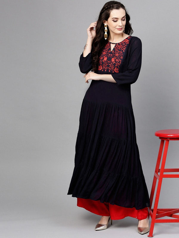 Women's Embroidered Yoke Tiered Kurta - Pannkh