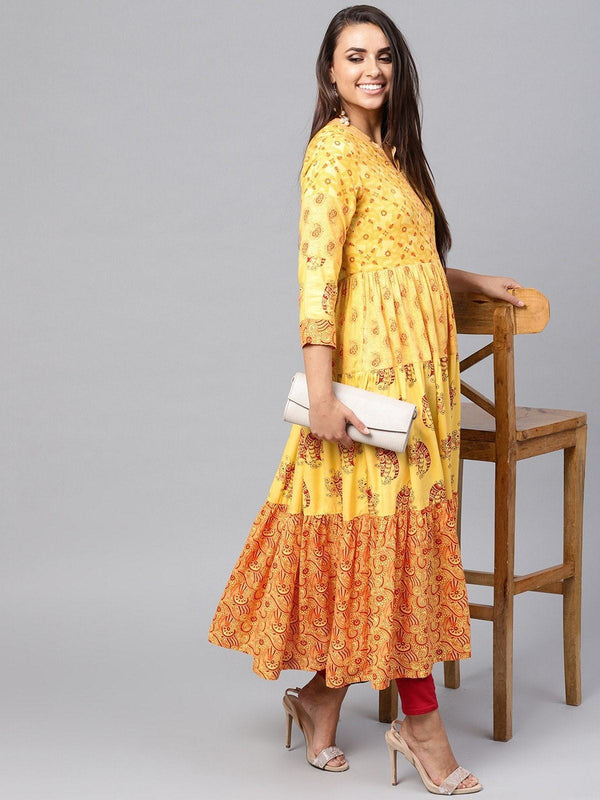 Women's Tribal Print Flared Tiered  Kurta - Pannkh