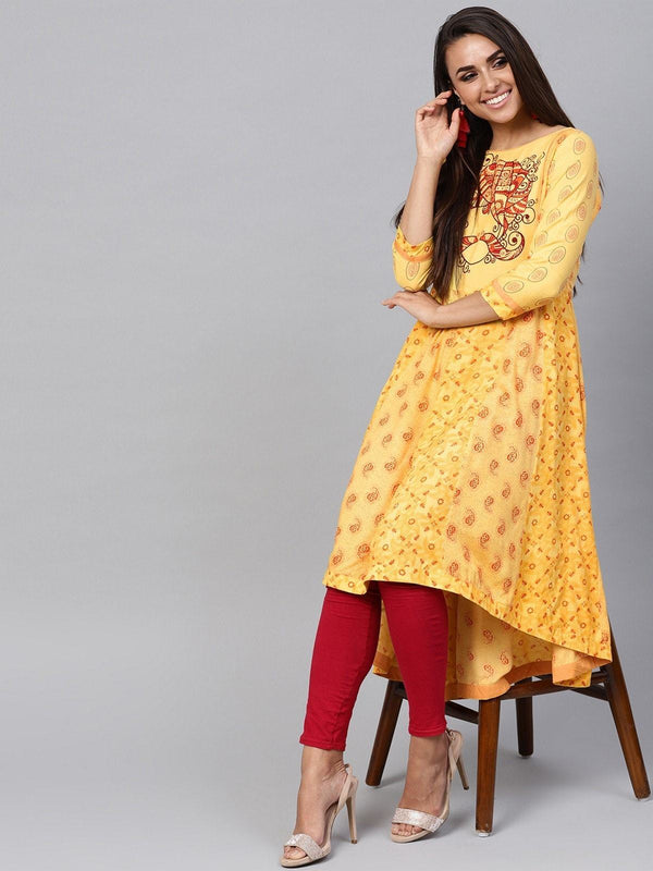 Women's Tribal Print Yoke Kalidaar  Kurta - Pannkh