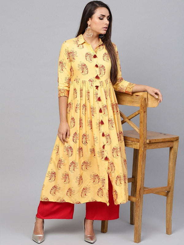 Women's Tribal Print Flared Tassel  Kurta - Pannkh