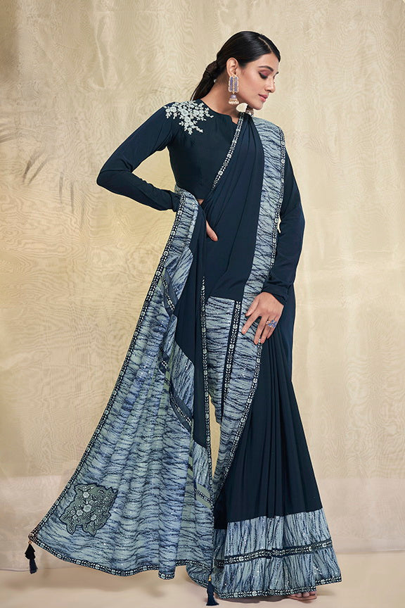 Blue Crepe Embroidered Designer Saree with Unstitched Blouse