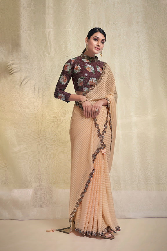 Peach Georgette Embroidered Saree with Unstitched Blouse