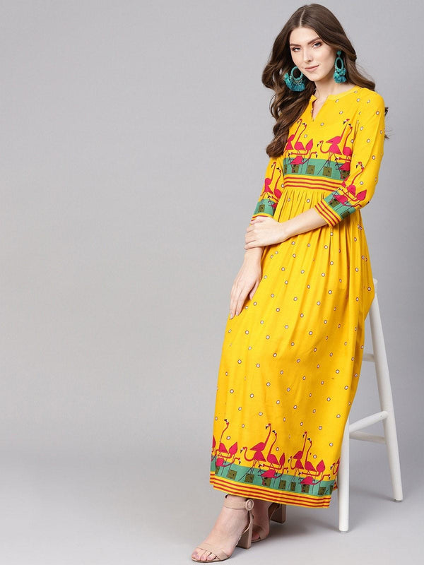 Women's Gathered Flamingo Long Kurta - Pannkh