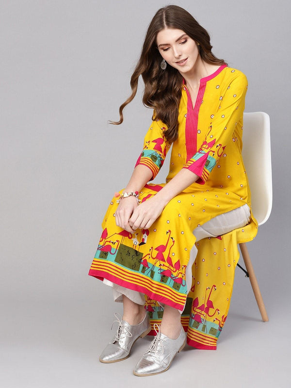 Women's V-Neck Flamingo Printed Kurta - Pannkh