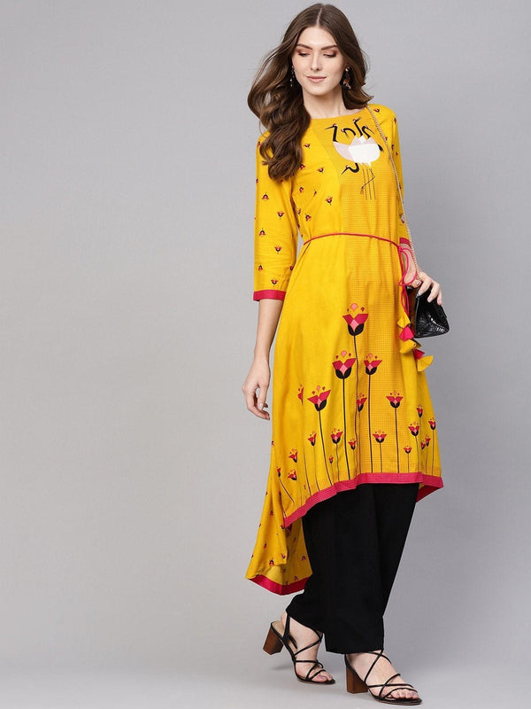 Women's Dori Asymmetric Flamingo Printed Kurta - Pannkh