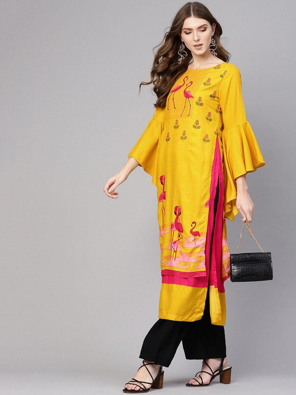 Women's Bell Sleeves Layered Flamingo Printed Kurta - Pannkh