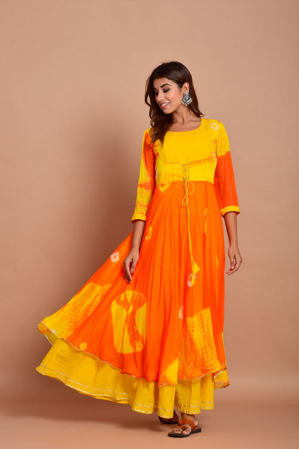 Women's Yellow Tye-Dye Layered Anarkali Dress (1Pc) - Saras The Label