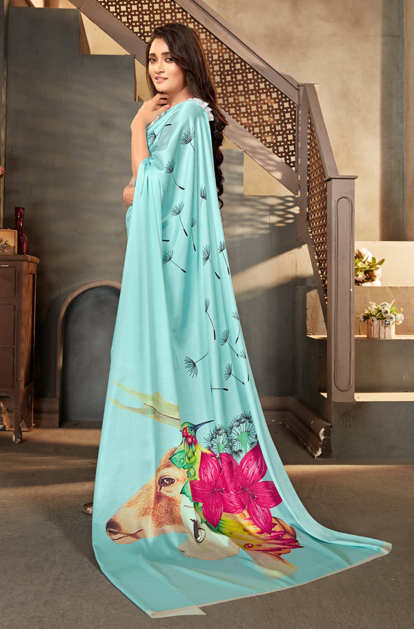 Women's Monjolika Fashion Sky blue color Satin digital print Saree - Monjolika