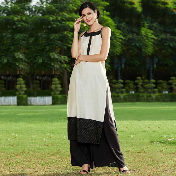 Women's Off-White Printed Strappy Kurta - Pannkh