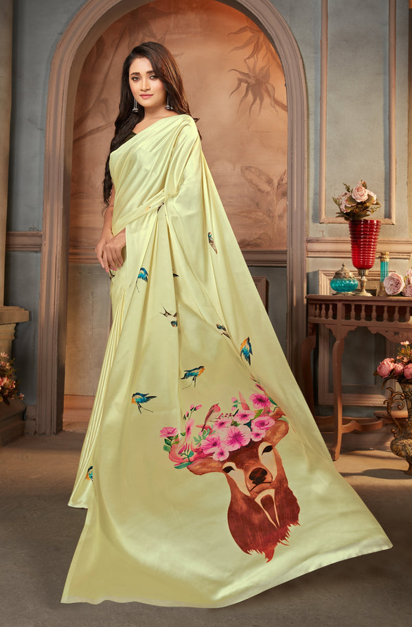 Women's Monjolika Fashion Pastel Green color Satin digital print Saree - Monjolika