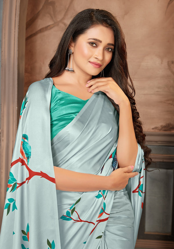 Women's Monjolika Fashion Light Grey color Satin digital print Saree - Monjolika