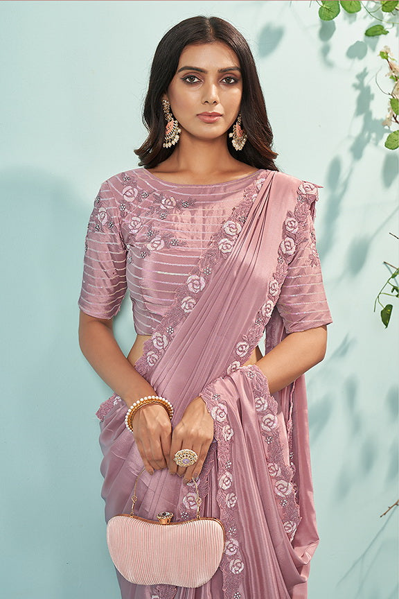 Pink Silk Crepe Embroidered Saree with Unstitched Blouse