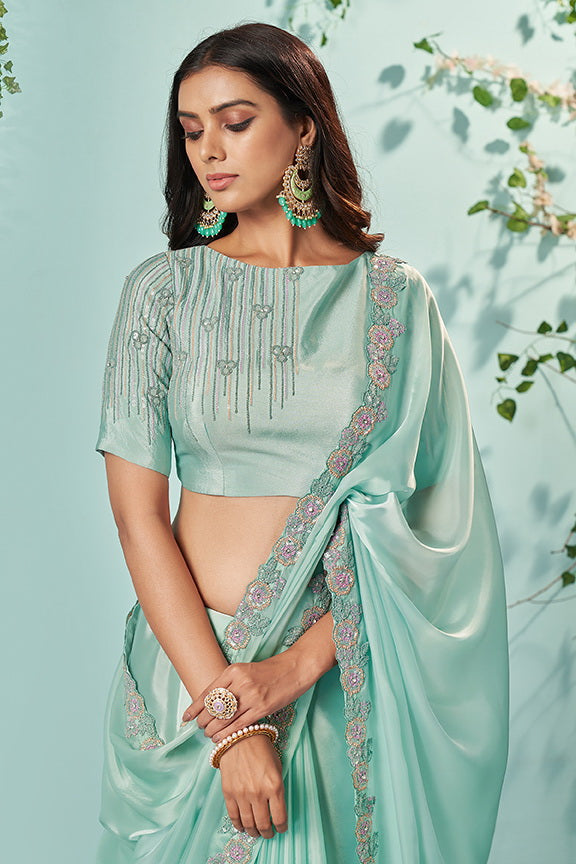 Green Organza Silk Crepe Embroidered Saree with Unstitched Blouse