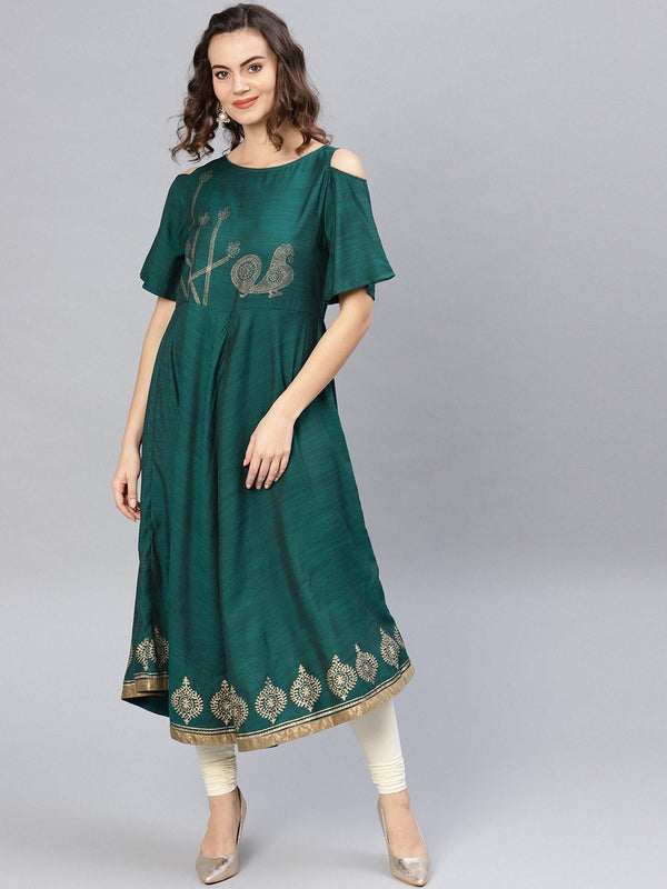 Women's Gold Block Printed Cold-Shoulder Kurta - Pannkh