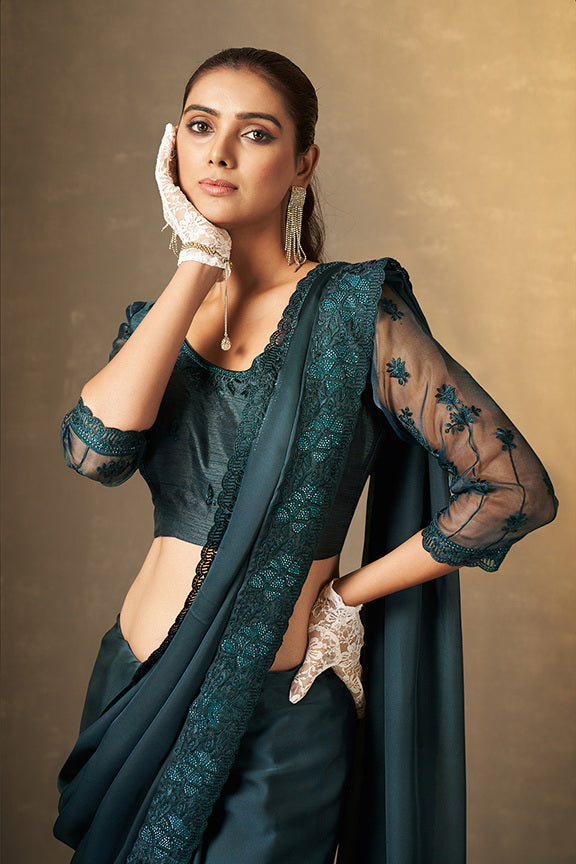 Teal Satin Silk Solid Embroidered Saree with Unstitched Blouse