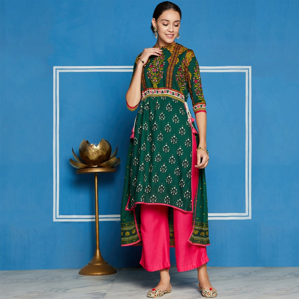 Women's Mughal High-Low Kurta With Front Dori - Pannkh