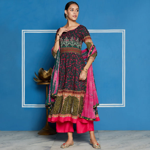 Women's Mughal Flared Kurta With Tie-Dye Dupatta - Pannkh