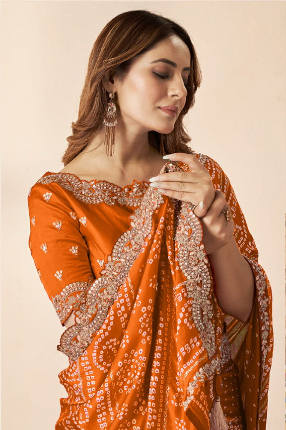 Orange Gajji Silk Bandhani Saree with Unstitched Blouse