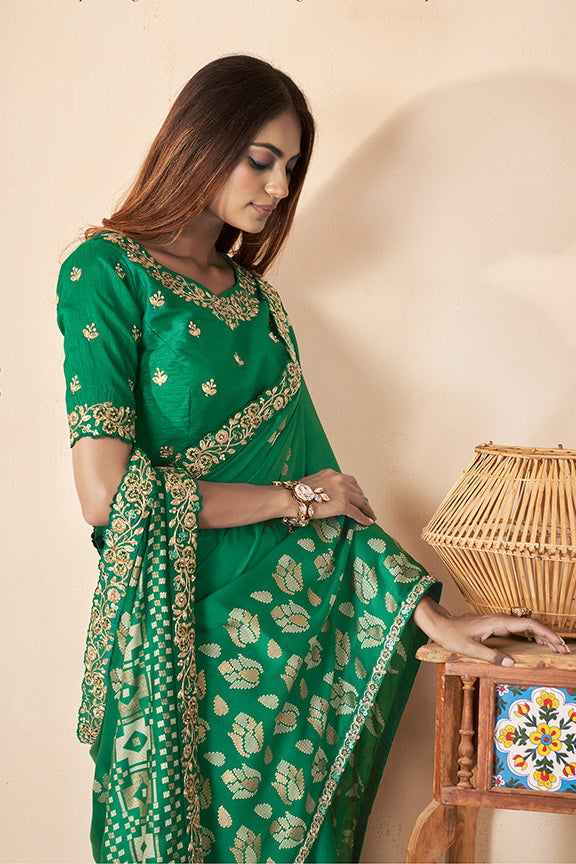 Green Gajji Silk Sequence Work Saree with Unstitched Blouse