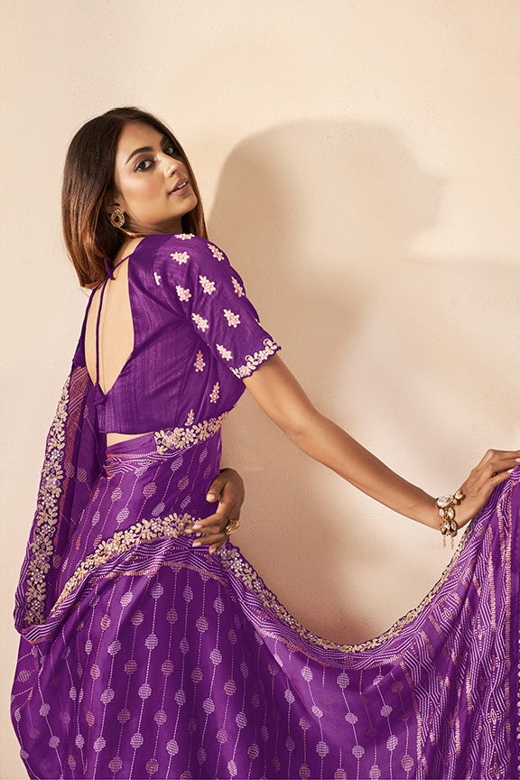 Purple Gajji Silk Sequence Work Saree with Unstitched Blouse