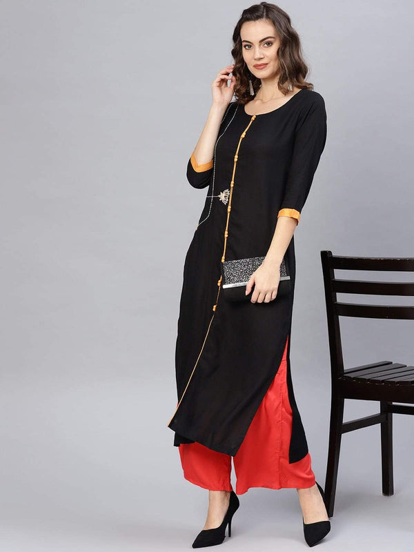 Women's Embroidered Black Straight Kurta - Pannkh