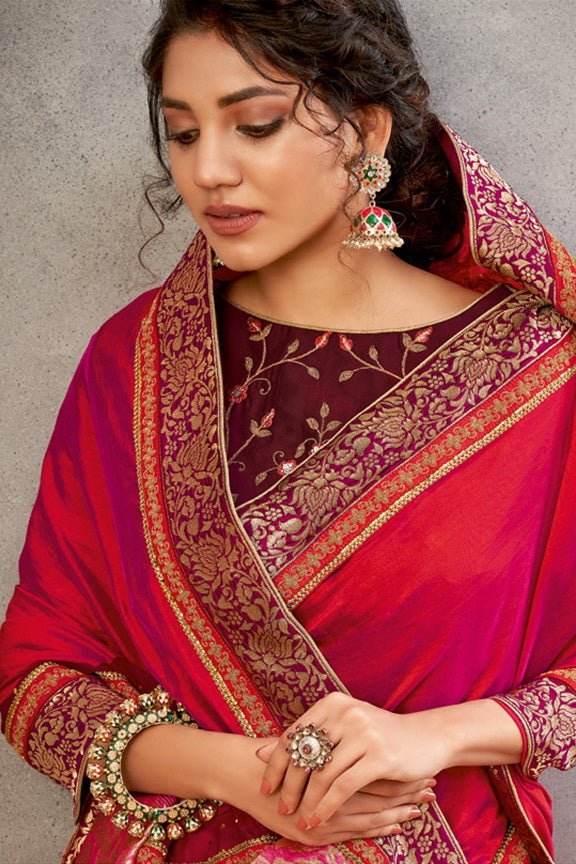 Red Silk Georgette Embroidered Saree with Unstitched Blouse