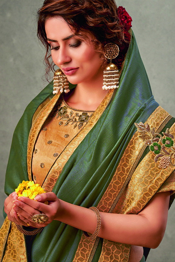 Olive Tusser Silk Embroidered Saree with Unstitched Blouse