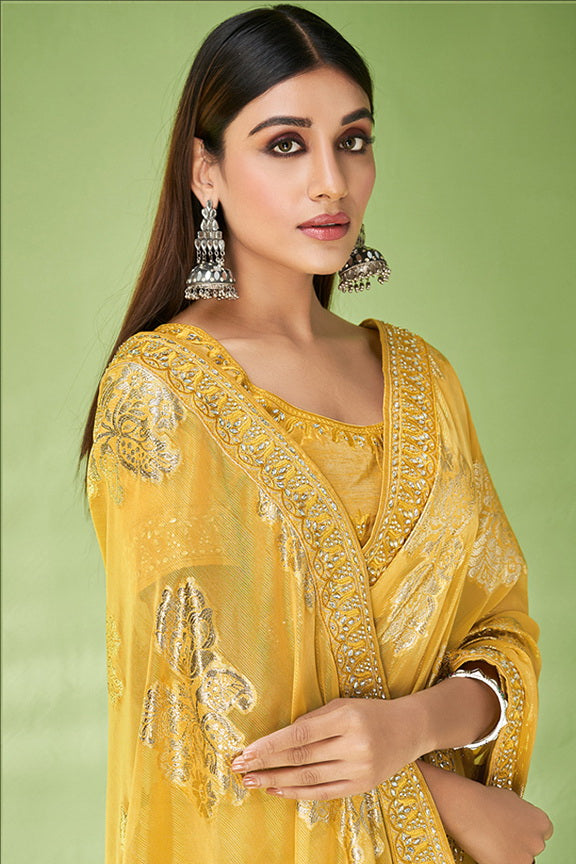 Yellow Georgette Zari Jacquard Embroidered  Saree with Unstitched Blouse