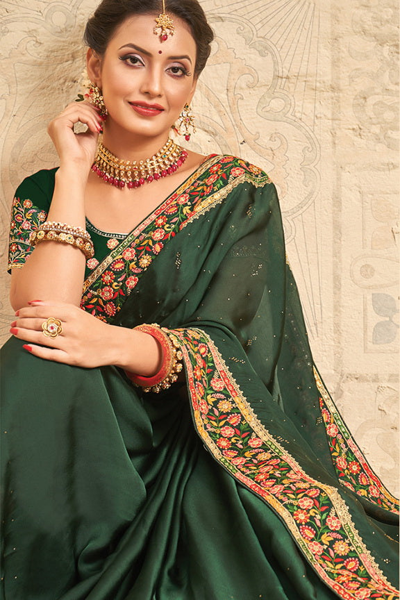 Green Silk Georgette Resham Embroidered Saree with Unstitched Blouse