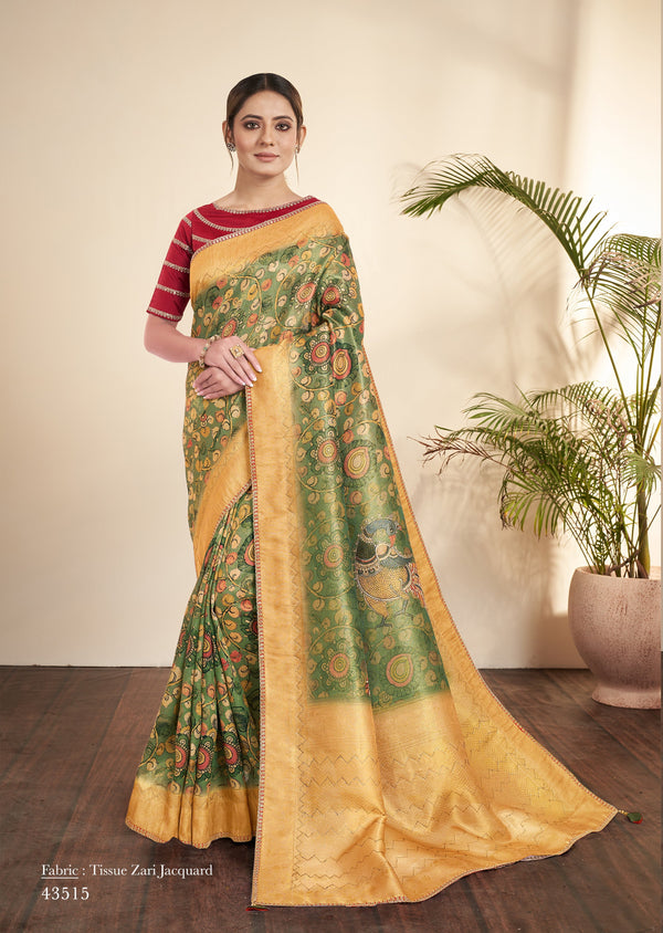 Green Tissue & Jacquard Floral Printed Saree with Unstitched Blouse