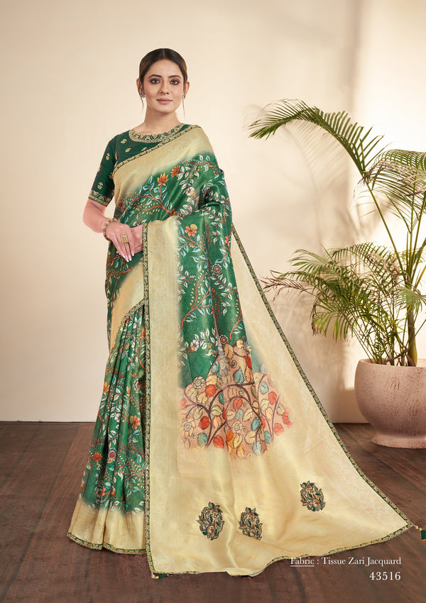 Green Tissue Floral Printed Saree with Unstitched Blouse