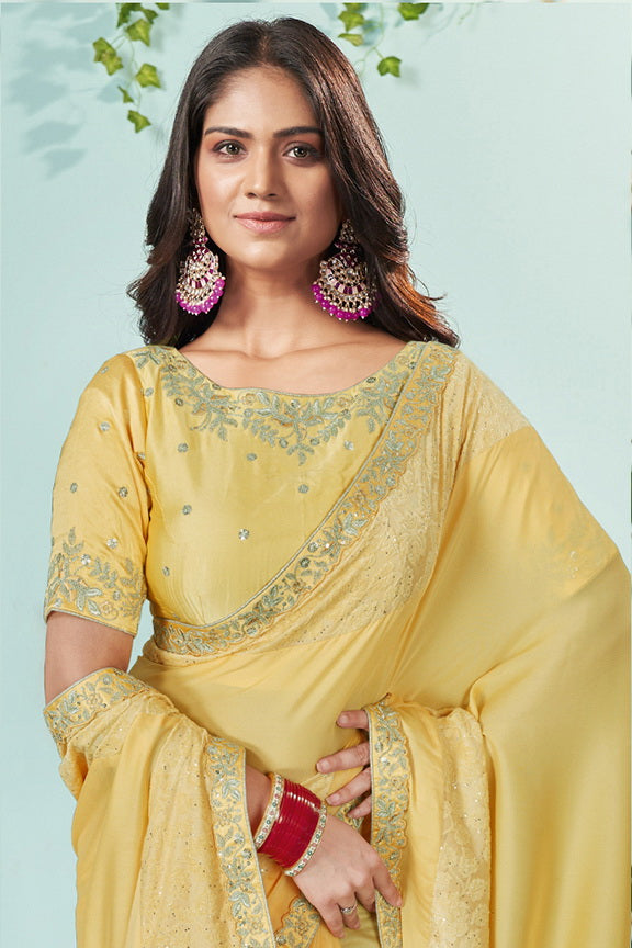 Mustard Silk Georgette Embroidered Saree With Unstitched Blouse