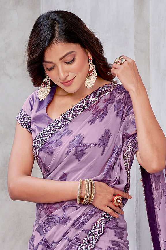 Purple Georgette Zari Jacquard Woven Saree with Unstitched Blouse