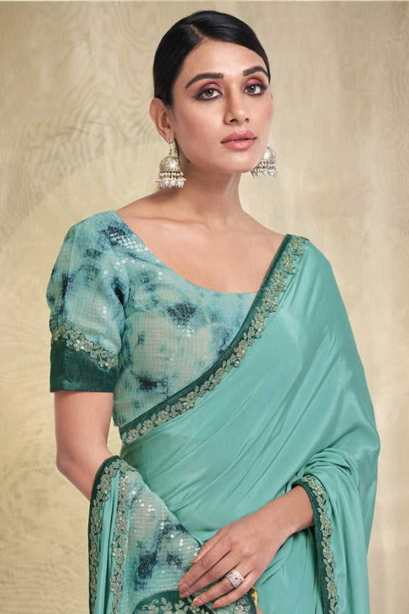 Aqua Blue Crepe Silk Sequence Saree with Unstitched Blouse