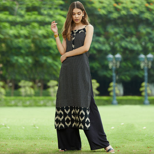 Women's Black Sleeveless Printed Long Kurta - Pannkh