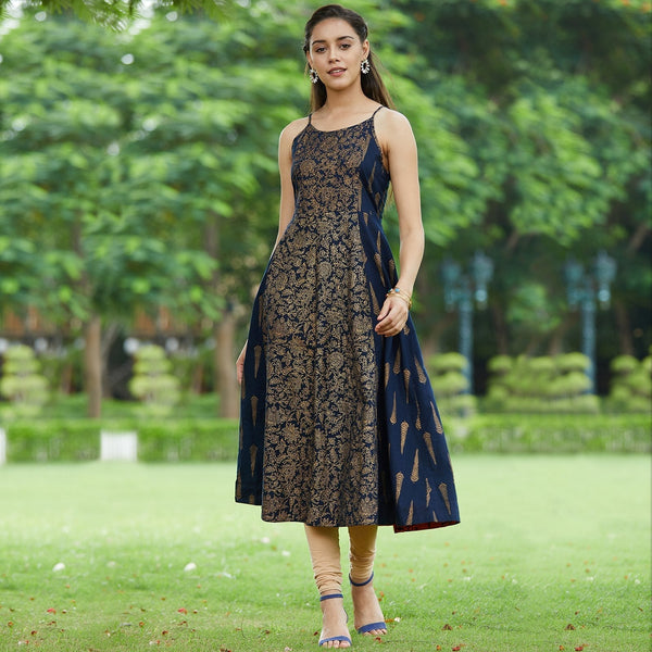 Women's Navy Blue Printed Strappy Kurta - Pannkh