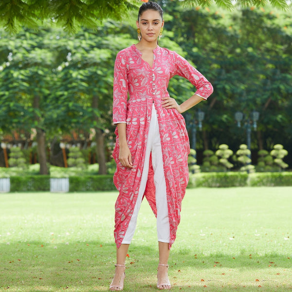 Women's Pink Foil Printed Cowl Kurta - Pannkh